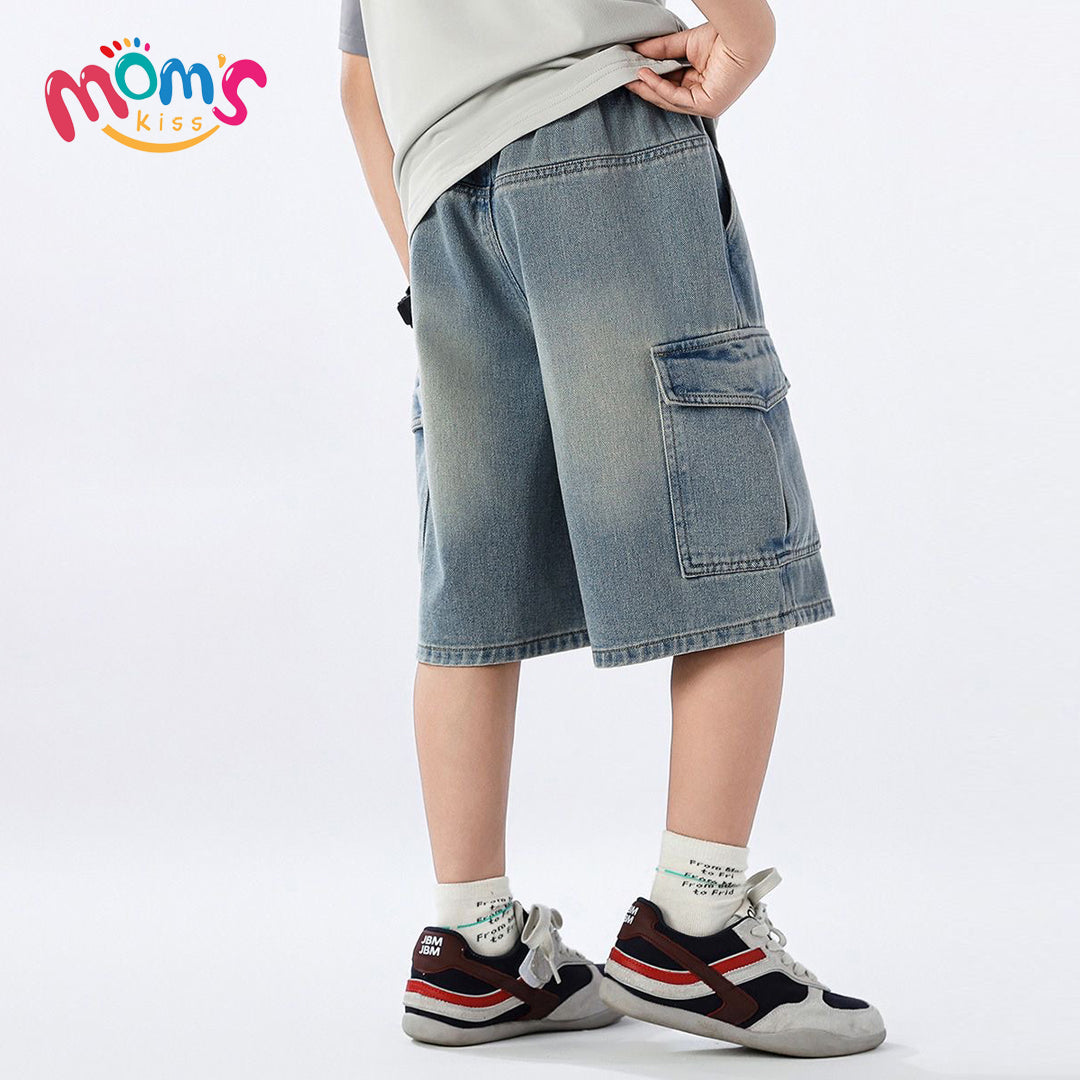 Boys' Loose Denim Shorts for Kids High Quality Korean Style Blue-Gray Maong Casual Denim Middle Pants Public New Year