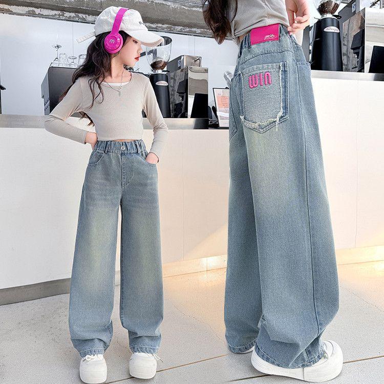 Trendy Street Style Plain Baggy Pants Christmas Party Outfit Casual Loose Fit Denim Pants for Kids Girls