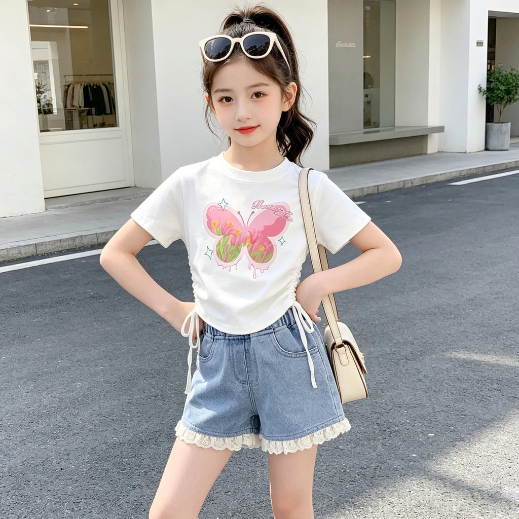 Denim Short for Kids Korean Style High Waist Bow Lace Button Design Garterized Casual Loose Short for Girls