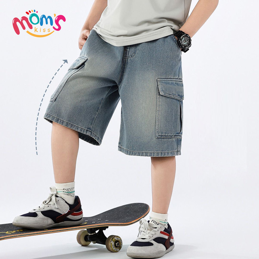 Boys' Loose Denim Shorts for Kids High Quality Korean Style Blue-Gray Maong Casual Denim Middle Pants Public New Year