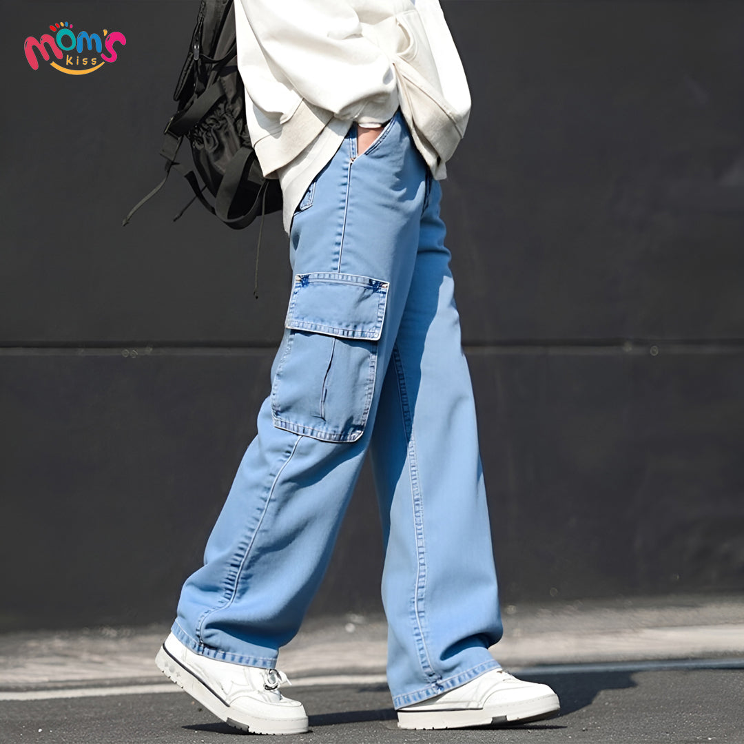 Graduation school pants for kids boyKids Korean Style Denim Cargo Pants, Casual Loose Baggy Maong Pants.