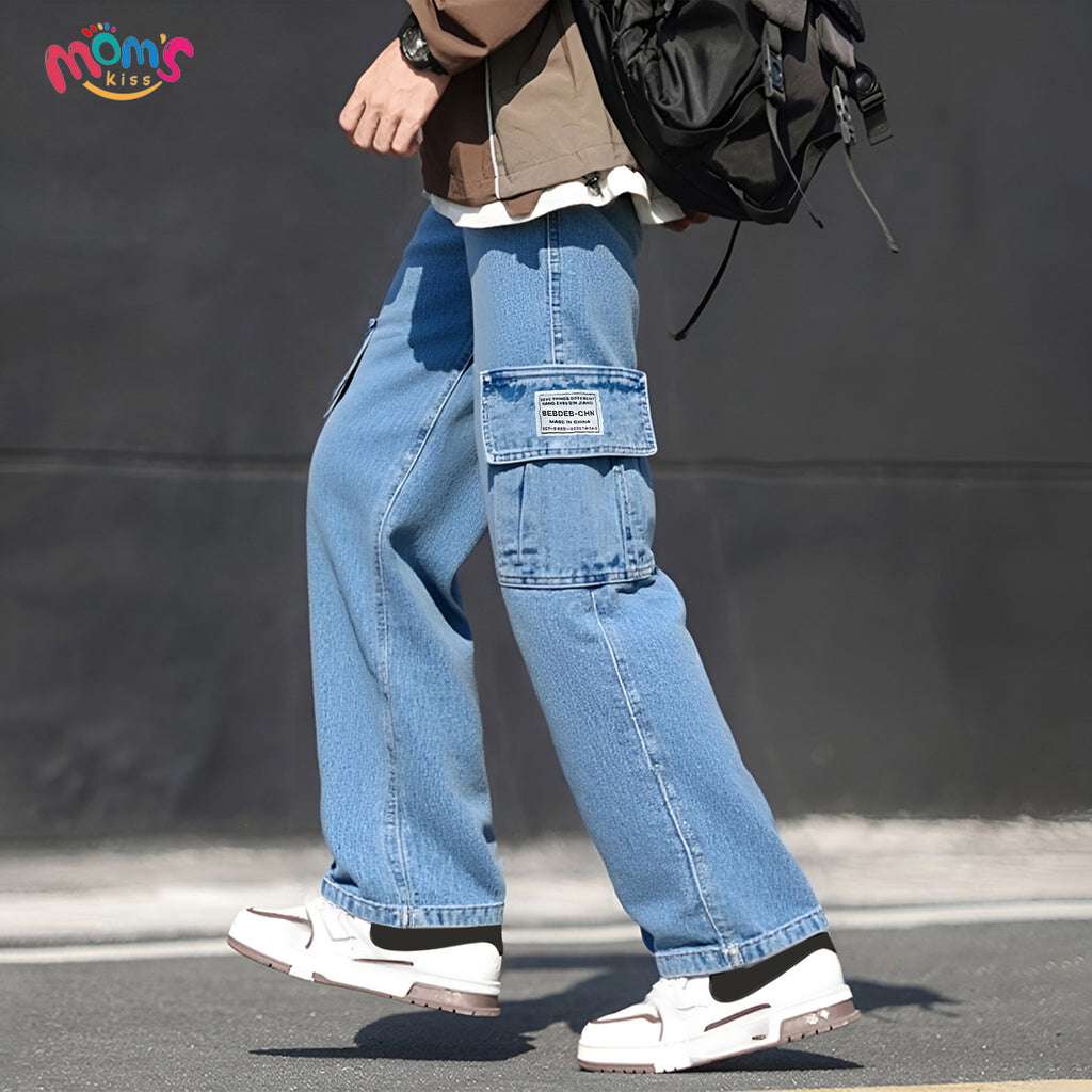 Graduation school pants for kids boyKids Korean Style Denim Cargo Pants, Casual Loose Baggy Maong Pants.