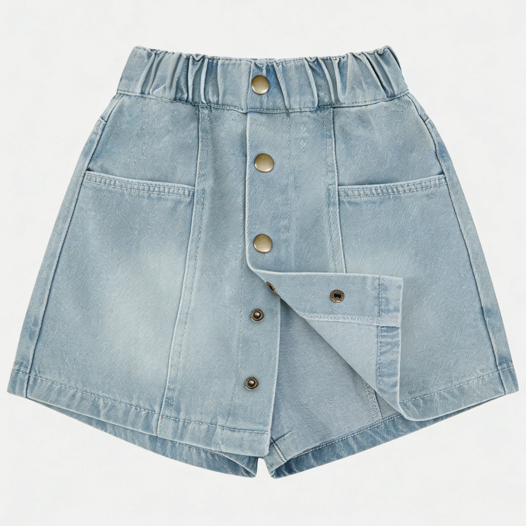 Girls' Denim Mini Skirt Summer Lightweight - Light Blue Washed A-Line Skirt with Front Button Closure - Versatile Casual Half Skirt for Kids