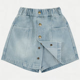 Girls' Denim Mini Skirt Summer Lightweight - Light Blue Washed A-Line Skirt with Front Button Closure - Versatile Casual Half Skirt for Kids