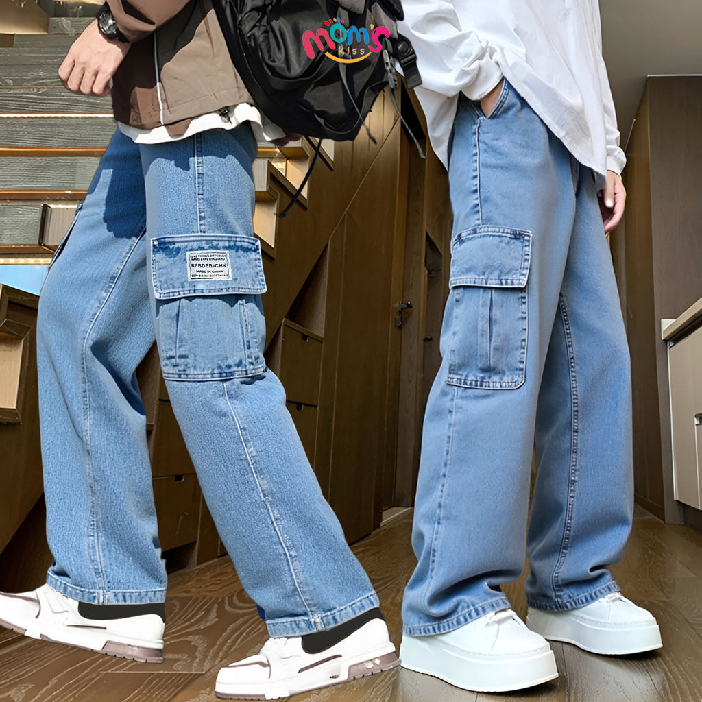Graduation school pants for kids boyKids Korean Style Denim Cargo Pants, Casual Loose Baggy Maong Pants.