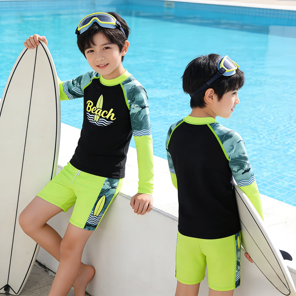New 2PC Rashguard Set for Kids New Long Sleeve Tops + Short Quick Dry Swimwear for Boys 3-11Y