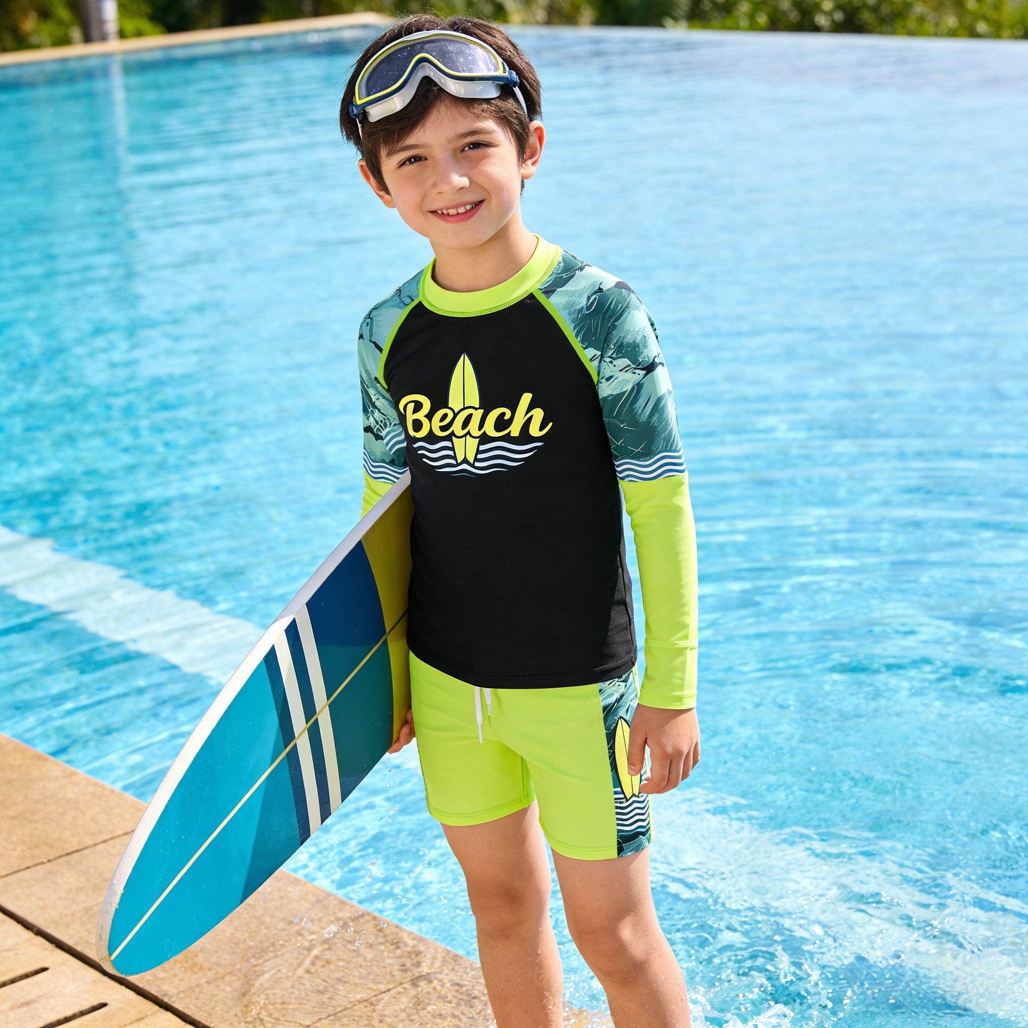 New 2PC Rashguard Set for Kids New Long Sleeve Tops + Short Quick Dry Swimwear for Boys 3-11Y