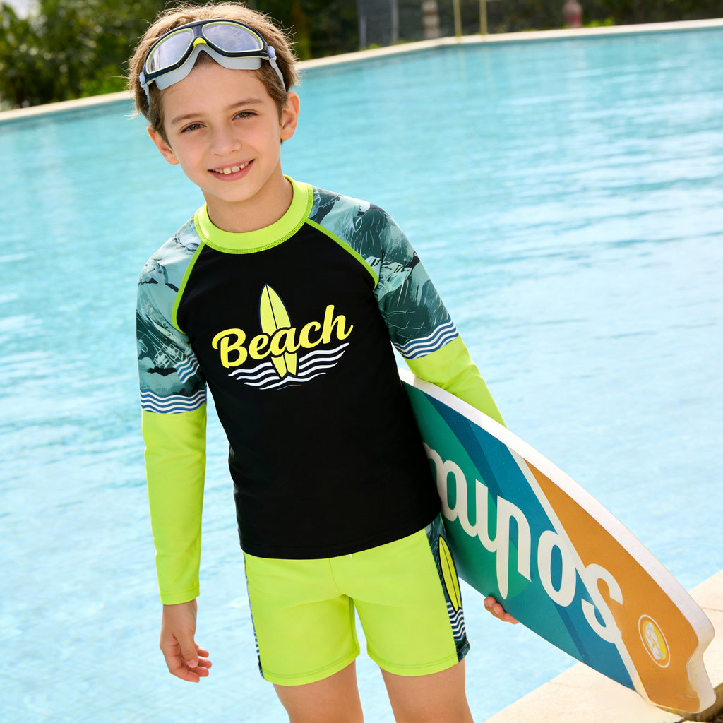 New 2PC Rashguard Set for Kids New Long Sleeve Tops + Short Quick Dry Swimwear for Boys 3-11Y
