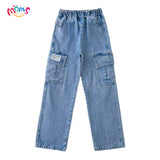 Graduation school pants for kids boyKids Korean Style Denim Cargo Pants, Casual Loose Baggy Maong Pants.