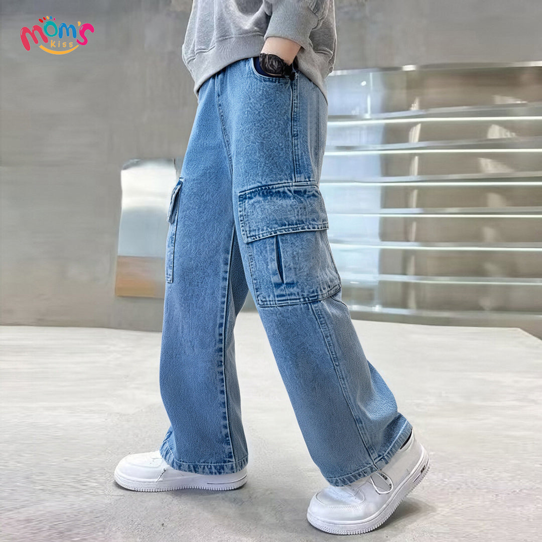 Graduation school pants for kids boyKids Korean Style Denim Cargo Pants, Casual Loose Baggy Maong Pants.