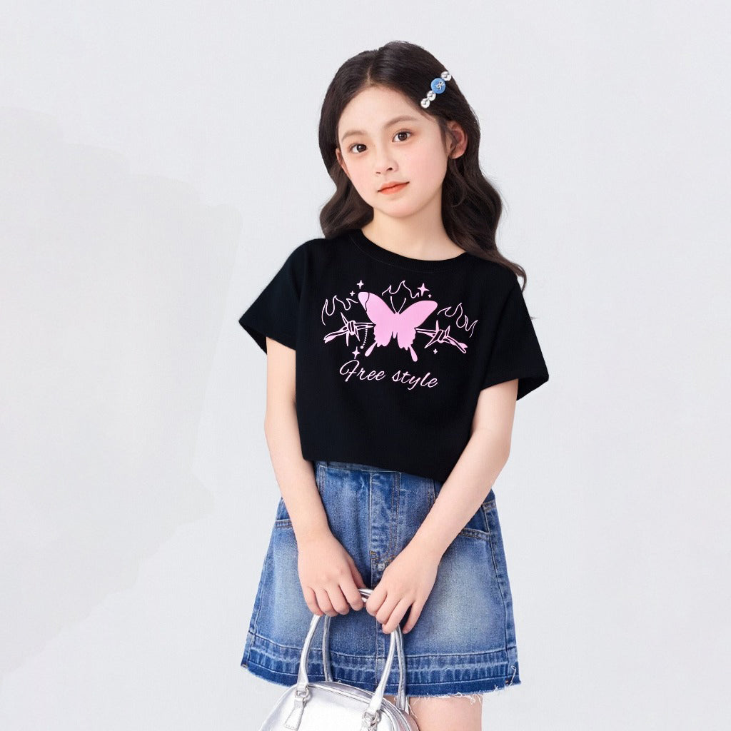 Girls' Back to School Pink Crop Top Shirt Korean Style Butterfly & Floral Print Design OOTD Tops for Girls Soft Breathable Fabric Trendy Everyday Wear short