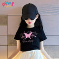Girls' Back to School Pink Crop Top Shirt Korean Style Butterfly & Floral Print Design OOTD Tops for Girls Soft Breathable Fabric Trendy Everyday Wear short