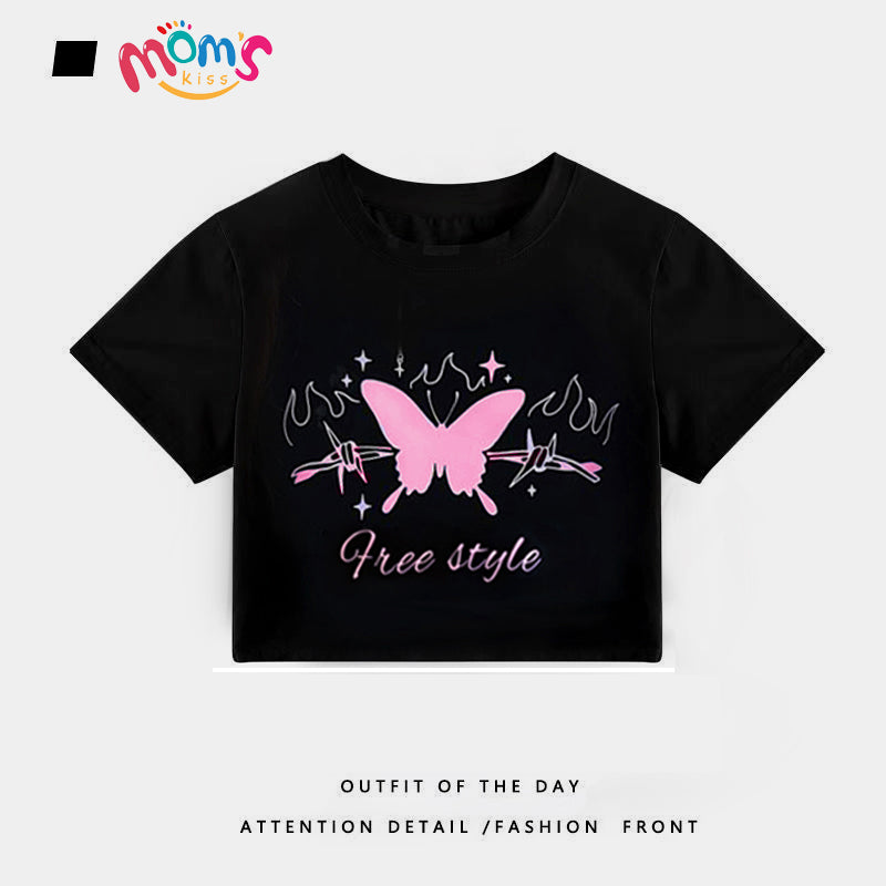 Girls' Back to School Pink Crop Top Shirt Korean Style Butterfly & Floral Print Design OOTD Tops for Girls Soft Breathable Fabric Trendy Everyday Wear short