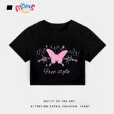 Girls' Back to School Pink Crop Top Shirt Korean Style Butterfly & Floral Print Design OOTD Tops for Girls Soft Breathable Fabric Trendy Everyday Wear short