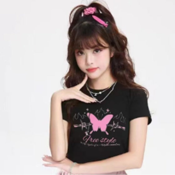 Girls' Back to School Pink Crop Top Shirt Korean Style Butterfly & Floral Print Design OOTD Tops for Girls Soft Breathable Fabric Trendy Everyday Wear short