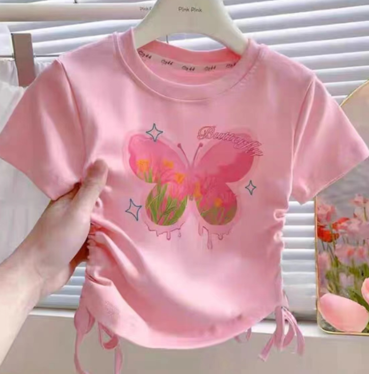 Girls' Back to School Pink Crop Top Shirt Korean Style Butterfly & Floral Print Design OOTD Tops for Girls Soft Breathable Fabric Trendy Everyday Wear short