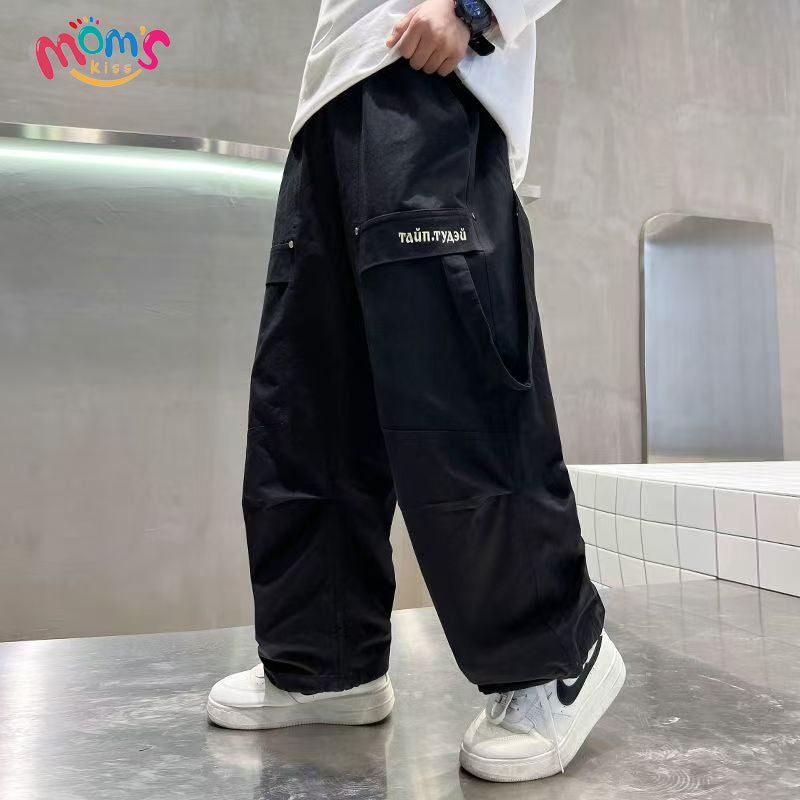 SchoolGraduation black pants for kids boyNew Simple and Stylish Straight Cargo Pants for Boys Long Sports Pants for Boys Versatile Fashion Joggers for Older Kids Loose Hong Kong Style
