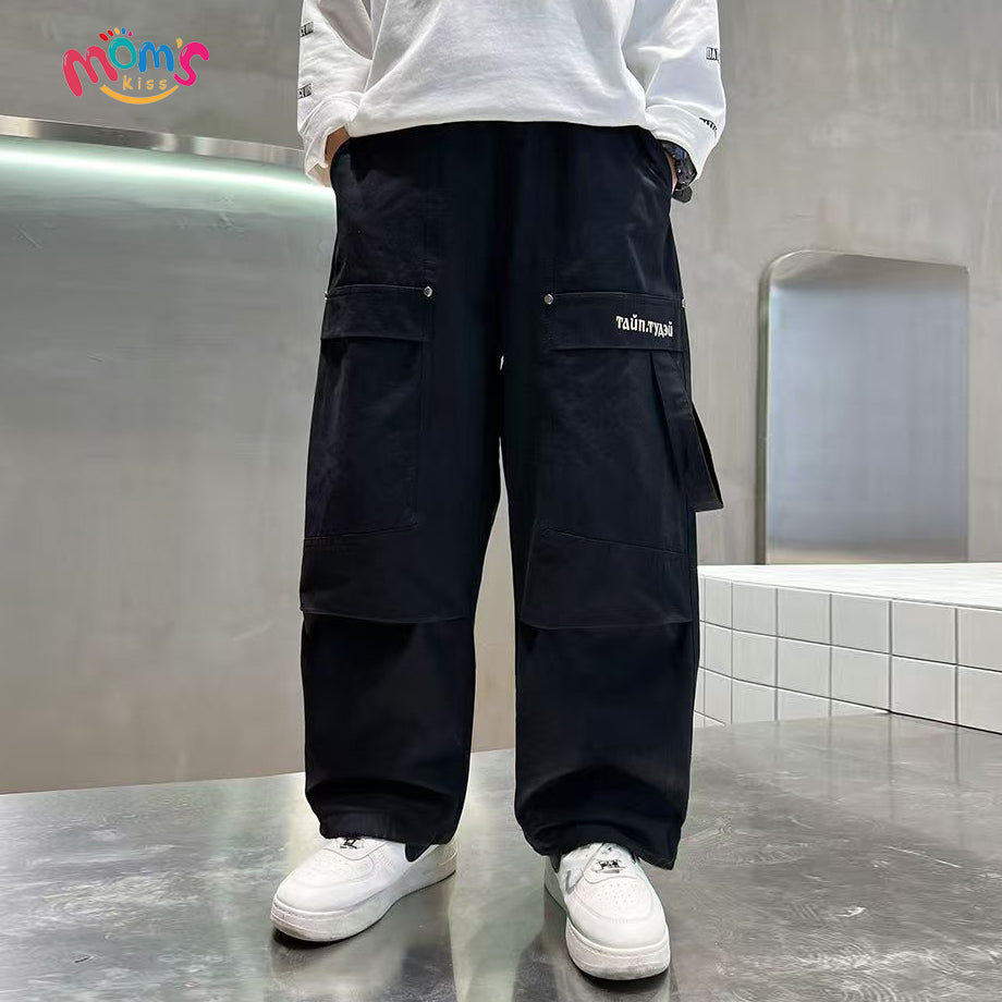 SchoolGraduation black pants for kids boyNew Simple and Stylish Straight Cargo Pants for Boys Long Sports Pants for Boys Versatile Fashion Joggers for Older Kids Loose Hong Kong Style