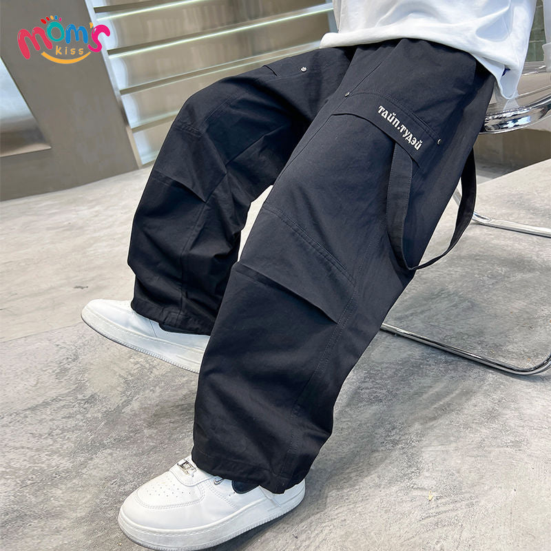 SchoolGraduation black pants for kids boyNew Simple and Stylish Straight Cargo Pants for Boys Long Sports Pants for Boys Versatile Fashion Joggers for Older Kids Loose Hong Kong Style