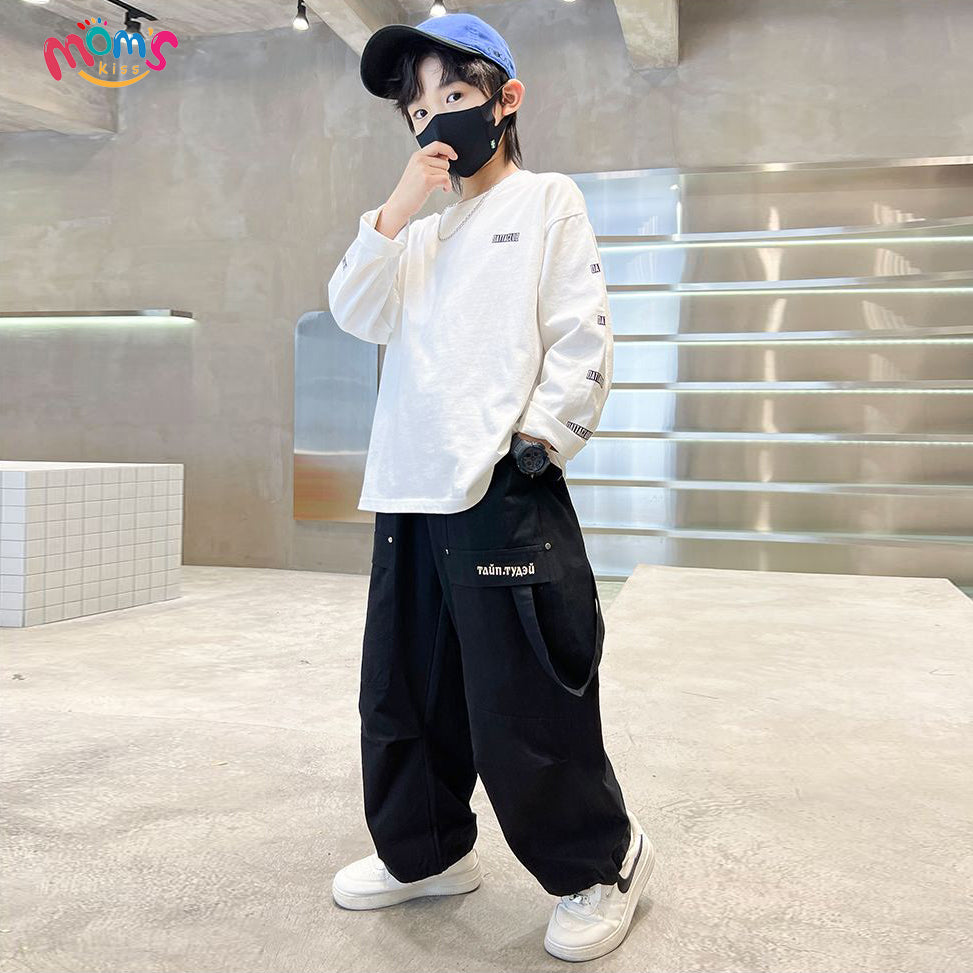 SchoolGraduation black pants for kids boyNew Simple and Stylish Straight Cargo Pants for Boys Long Sports Pants for Boys Versatile Fashion Joggers for Older Kids Loose Hong Kong Style
