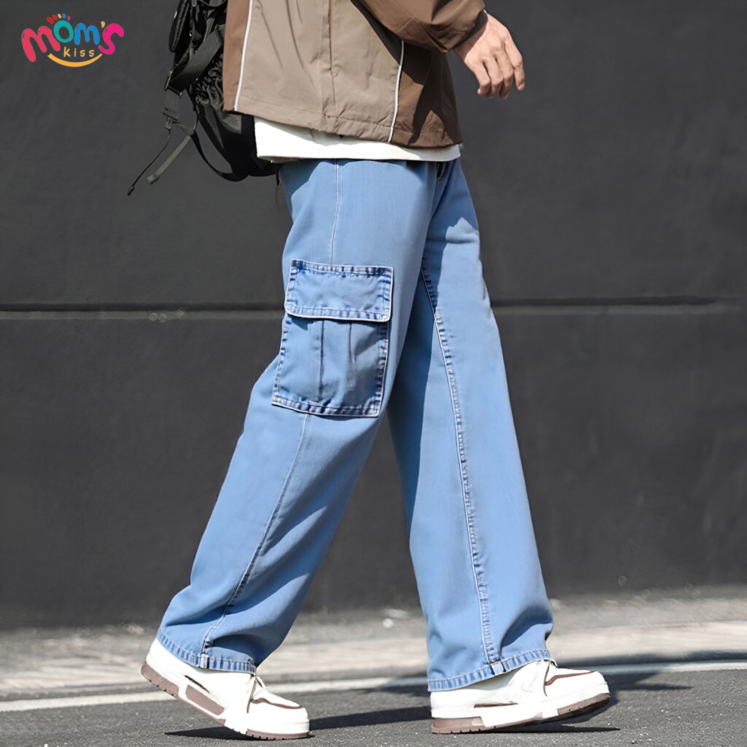 Graduation school pants for kids boyKids Korean Style Denim Cargo Pants, Casual Loose Baggy Maong Pants.
