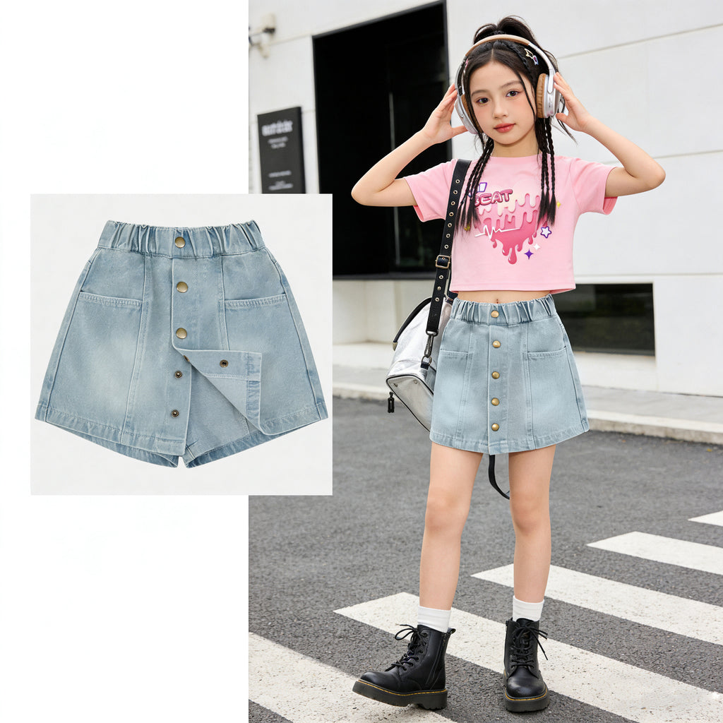 Girls' Denim Mini Skirt Summer Lightweight - Light Blue Washed A-Line Skirt with Front Button Closure - Versatile Casual Half Skirt for Kids