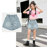 Girls' Denim Mini Skirt Summer Lightweight - Light Blue Washed A-Line Skirt with Front Button Closure - Versatile Casual Half Skirt for Kids
