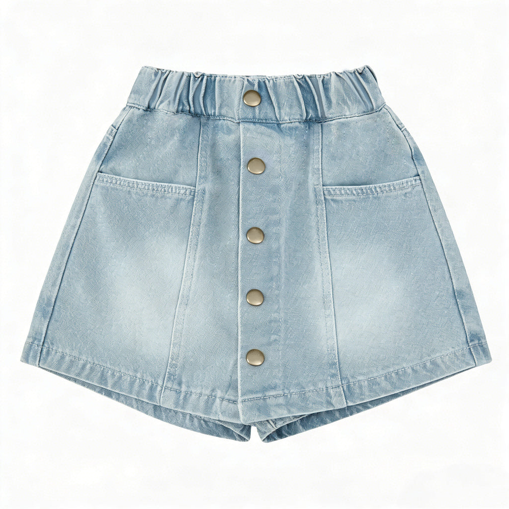 Girls' Denim Mini Skirt Summer Lightweight - Light Blue Washed A-Line Skirt with Front Button Closure - Versatile Casual Half Skirt for Kids