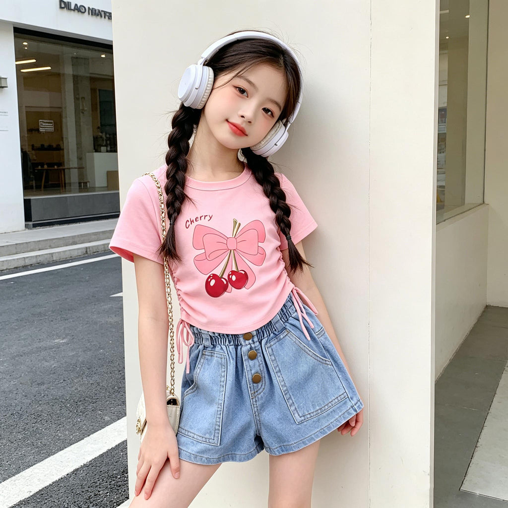 Denim Short for Kids Korean Style High Waist Bow Lace Button Design Garterized Casual Loose Short for Girls