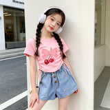 Denim Short for Kids Korean Style High Waist Bow Lace Button Design Garterized Casual Loose Short for Girls