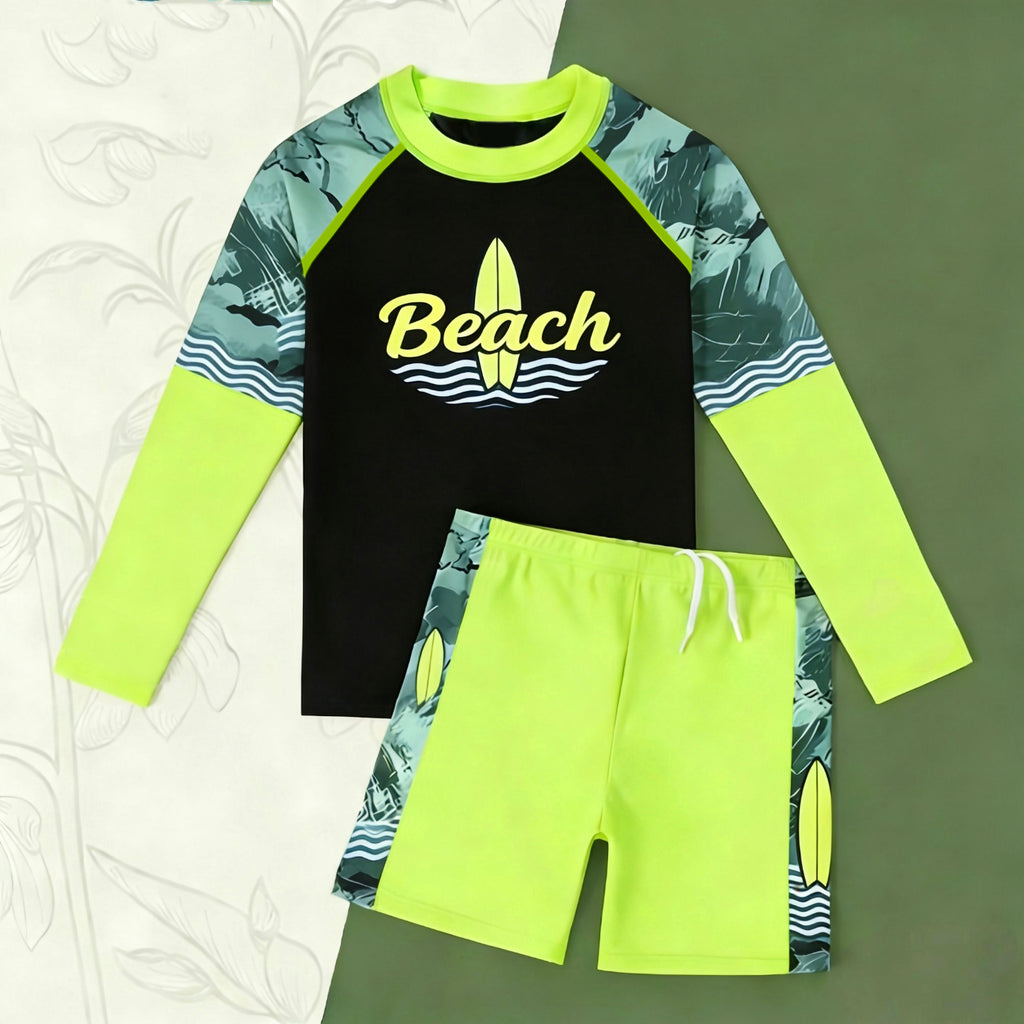 New 2PC Rashguard Set for Kids New Long Sleeve Tops + Short Quick Dry Swimwear for Boys 3-11Y