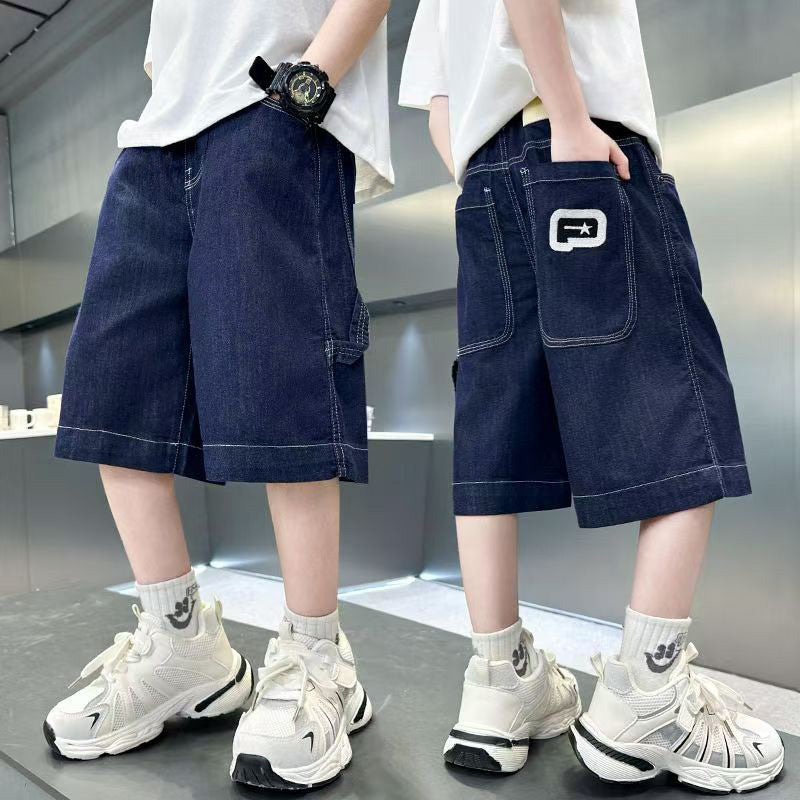 Boys' Loose Denim Shorts for Kids High Quality Korean Style Blue-Gray Maong Casual Denim Middle Pants Public New Year