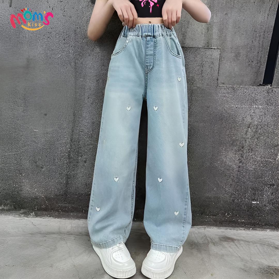 Cute Heart & Bow Embroidered Design Wide Leg Pants Trendy Street Style Outfit for 5 to 12 Years Old Kids Girls