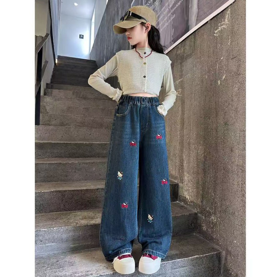 Cute Embroidered Design Maong Baggy Pants Trendy Street Style Outfit Casual Wide Leg Pants for 5 to 12 Years Old Kids Girls