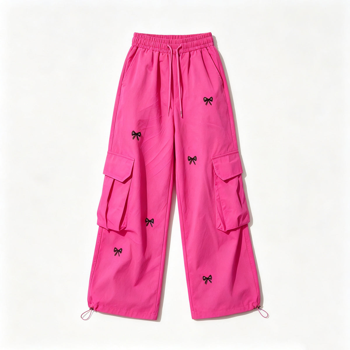 Trendy Loose Fit Cargo Pants Cute Embroidered Bow Design Street Style Multi-Pocket Baggy Pants for 5 to 12 Years Old Kids Girls