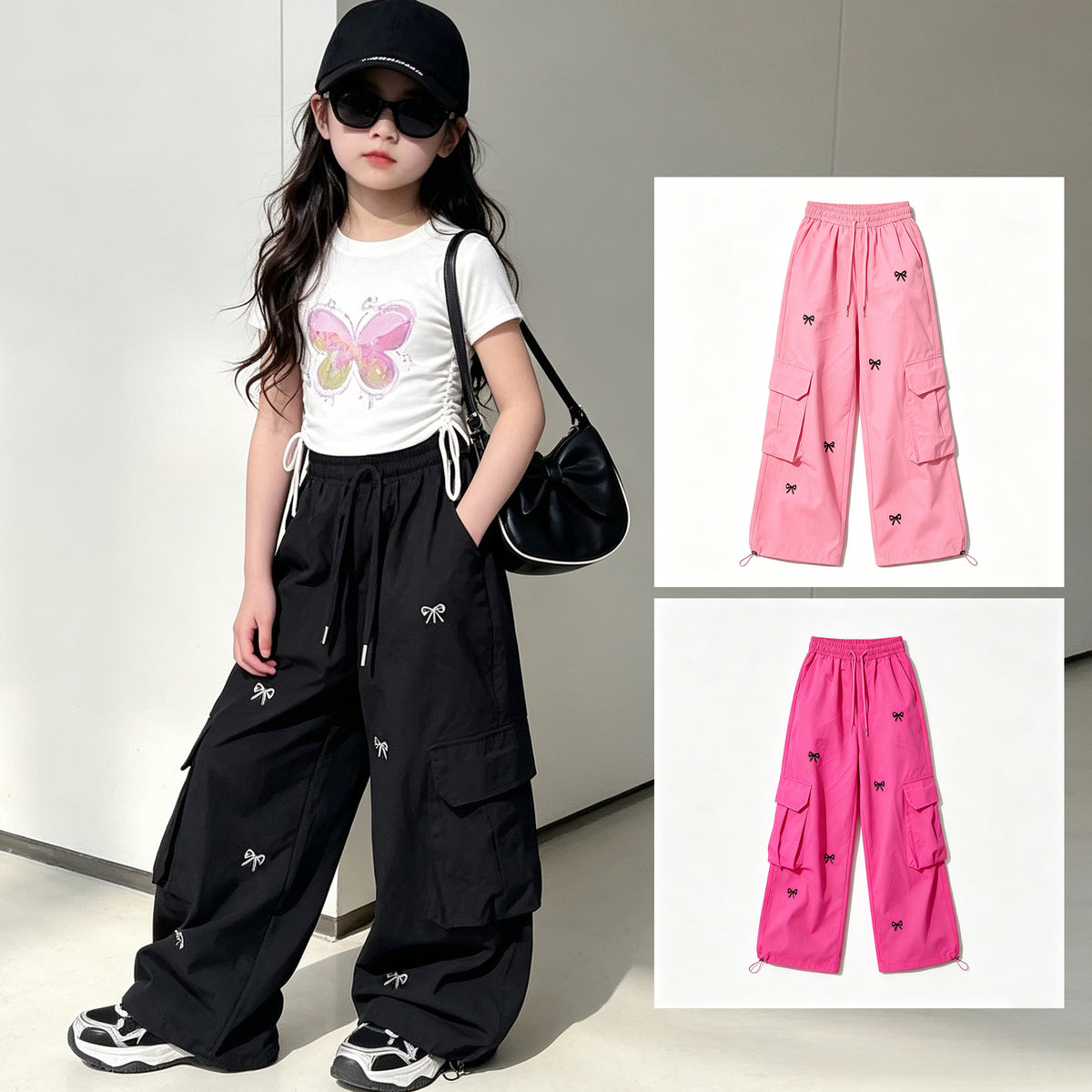 Trendy Loose Fit Cargo Pants Cute Embroidered Bow Design Street Style Multi-Pocket Baggy Pants for 5 to 12 Years Old Kids Girls