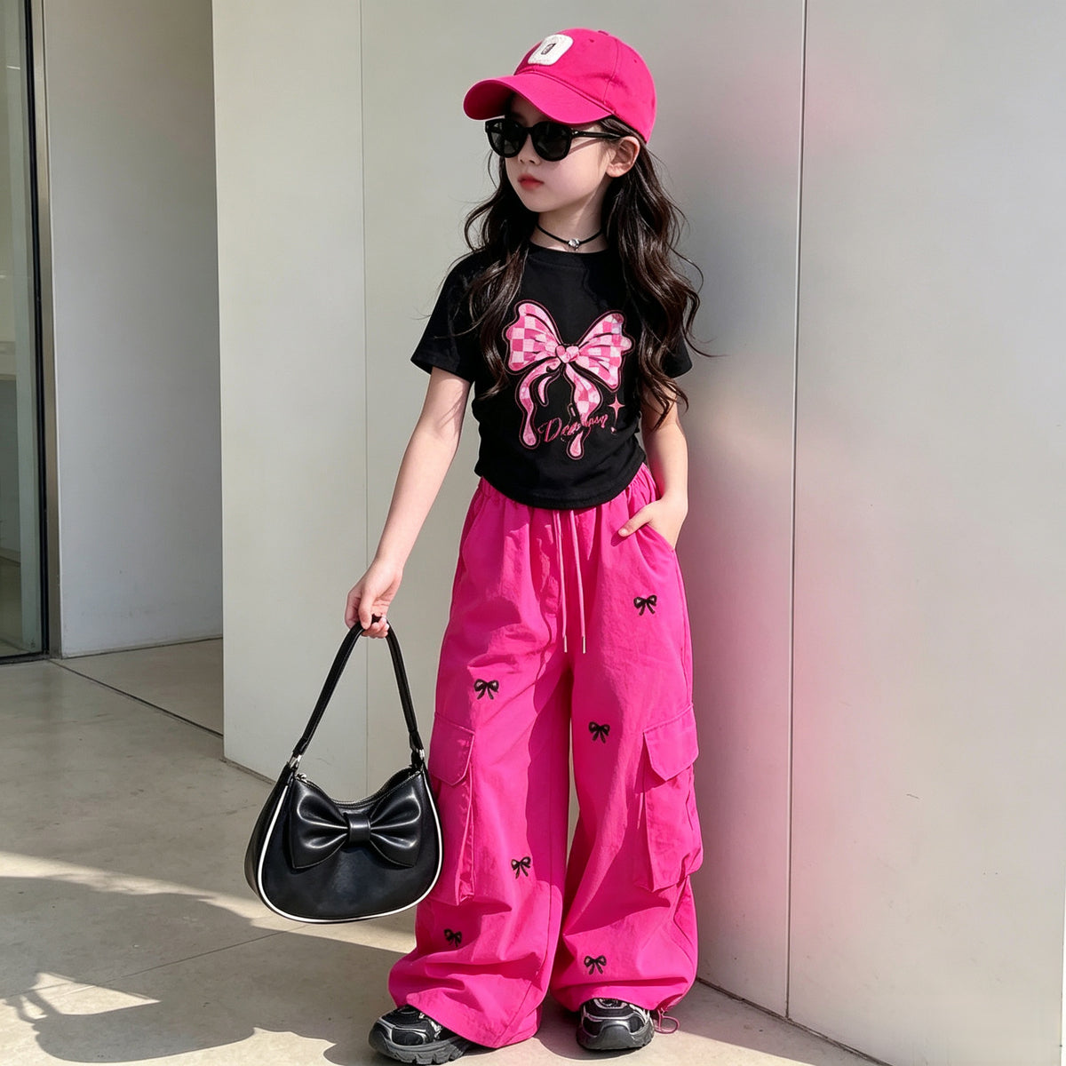 Trendy Loose Fit Cargo Pants Cute Embroidered Bow Design Street Style Multi-Pocket Baggy Pants for 5 to 12 Years Old Kids Girls