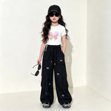 Trendy Loose Fit Cargo Pants Cute Embroidered Bow Design Street Style Multi-Pocket Baggy Pants for 5 to 12 Years Old Kids Girls