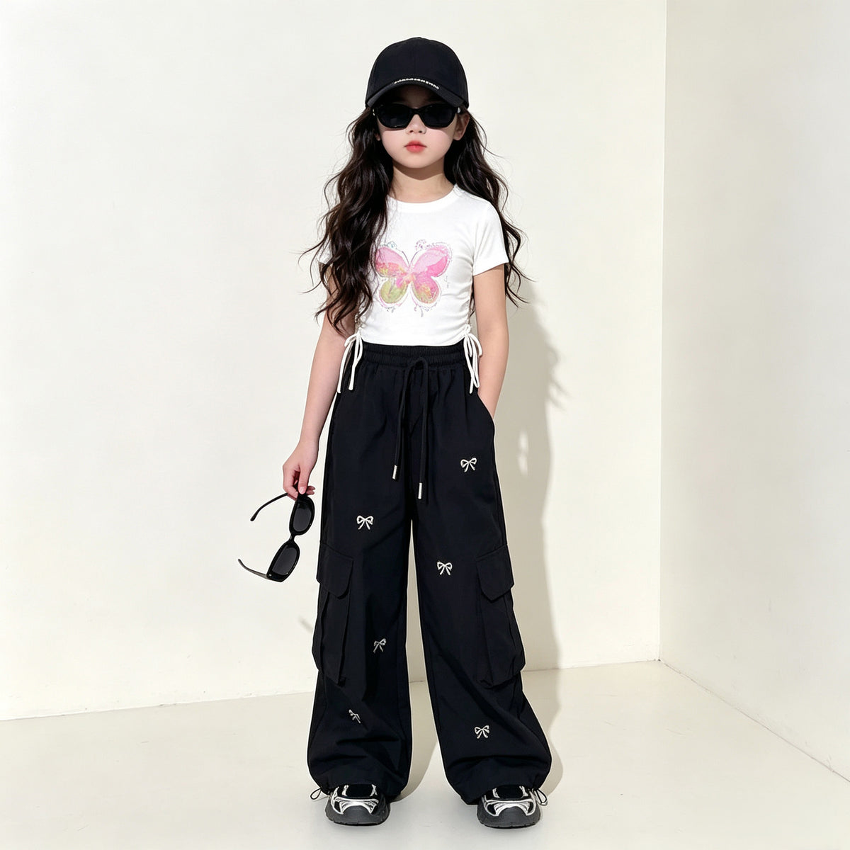 Trendy Loose Fit Cargo Pants Cute Embroidered Bow Design Street Style Multi-Pocket Baggy Pants for 5 to 12 Years Old Kids Girls