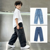 Kids Loose Fit Denim Cargo Pants Trendy Street Style Outfit Casual Multi-Pocket Wide Leg Denim Pants for Kids Boys