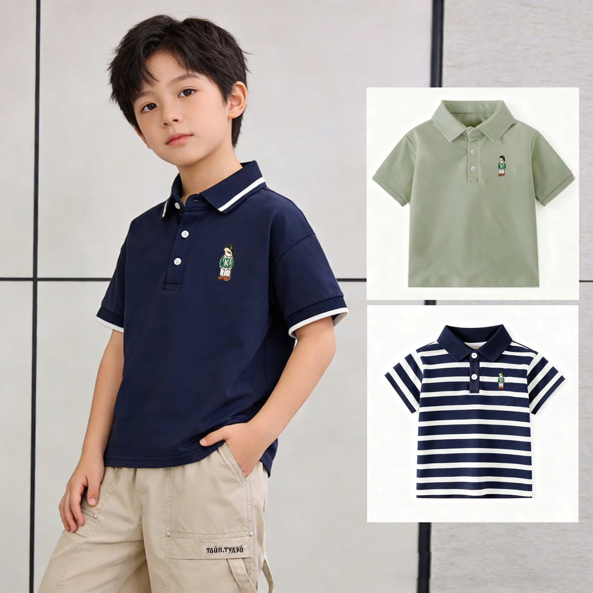 Classic Striped & Solid Color Polo Shirt Trendy Embroidered Design Formal Casual Outfit for Kids Boys