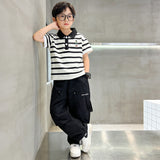 Classic Striped & Solid Color Polo Shirt Trendy Embroidered Design Formal Casual Outfit for Kids Boys