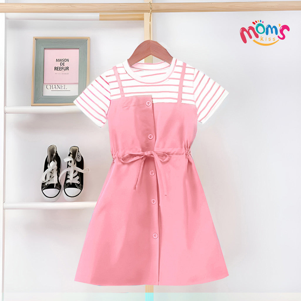 Cute Fake Two-Piece Dress Trendy Bow Tie Waist Striped Inner Casual Outfit Dress for Kids Girls