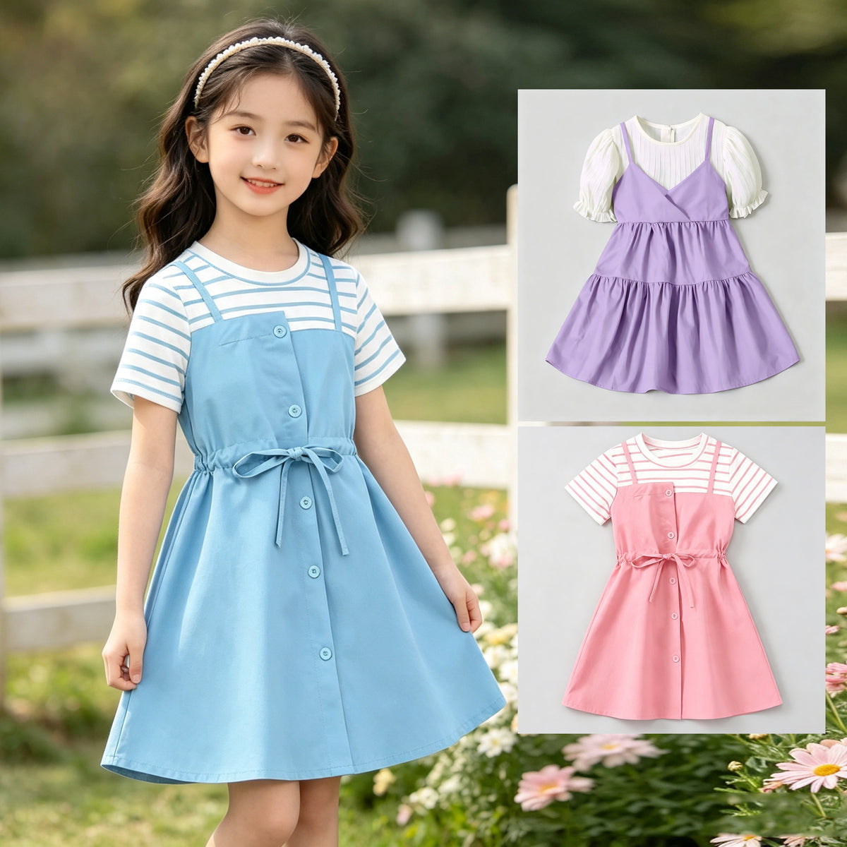 Cute Fake Two-Piece Dress Trendy Bow Tie Waist Striped Inner Casual Outfit Dress for Kids Girls