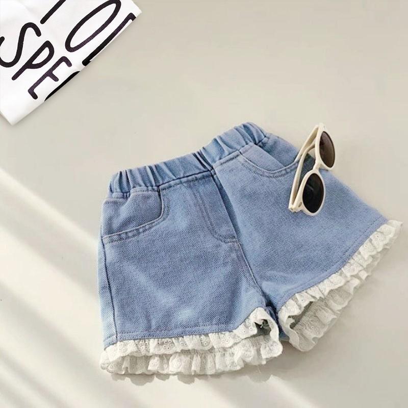 Cute Plain Heart Lace Design Maong Short Trendy Casual Summer Outfit Denim Short for Kids Girls