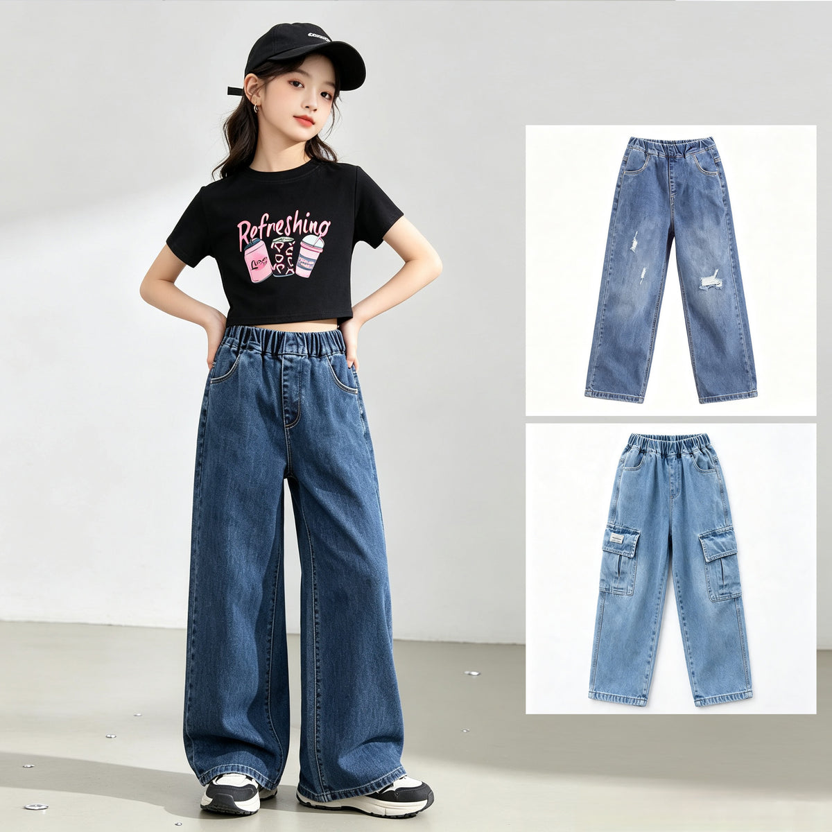 Trendy Street Style Plain Baggy Pants Christmas Party Outfit Casual Loose Fit Denim Pants for Kids Girls