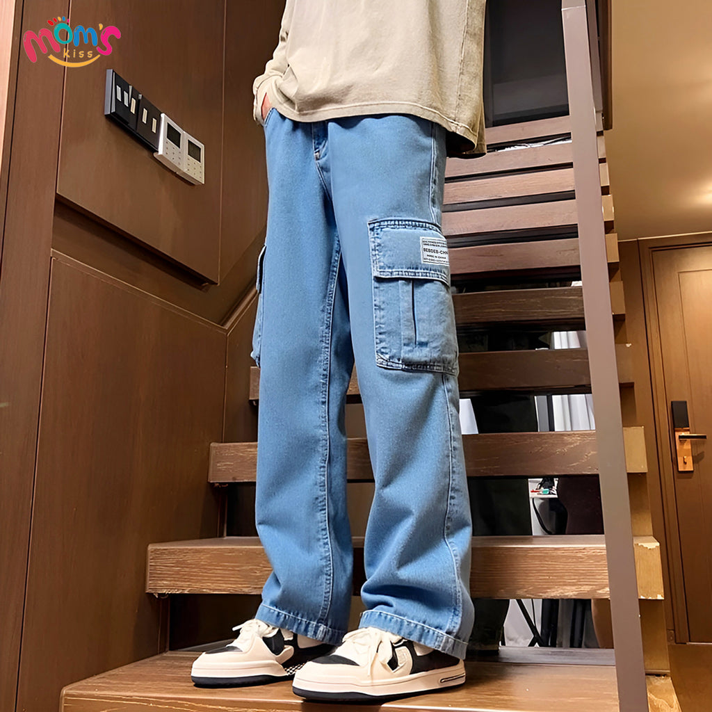 Graduation school pants for kids boyKids Korean Style Denim Cargo Pants, Casual Loose Baggy Maong Pants.