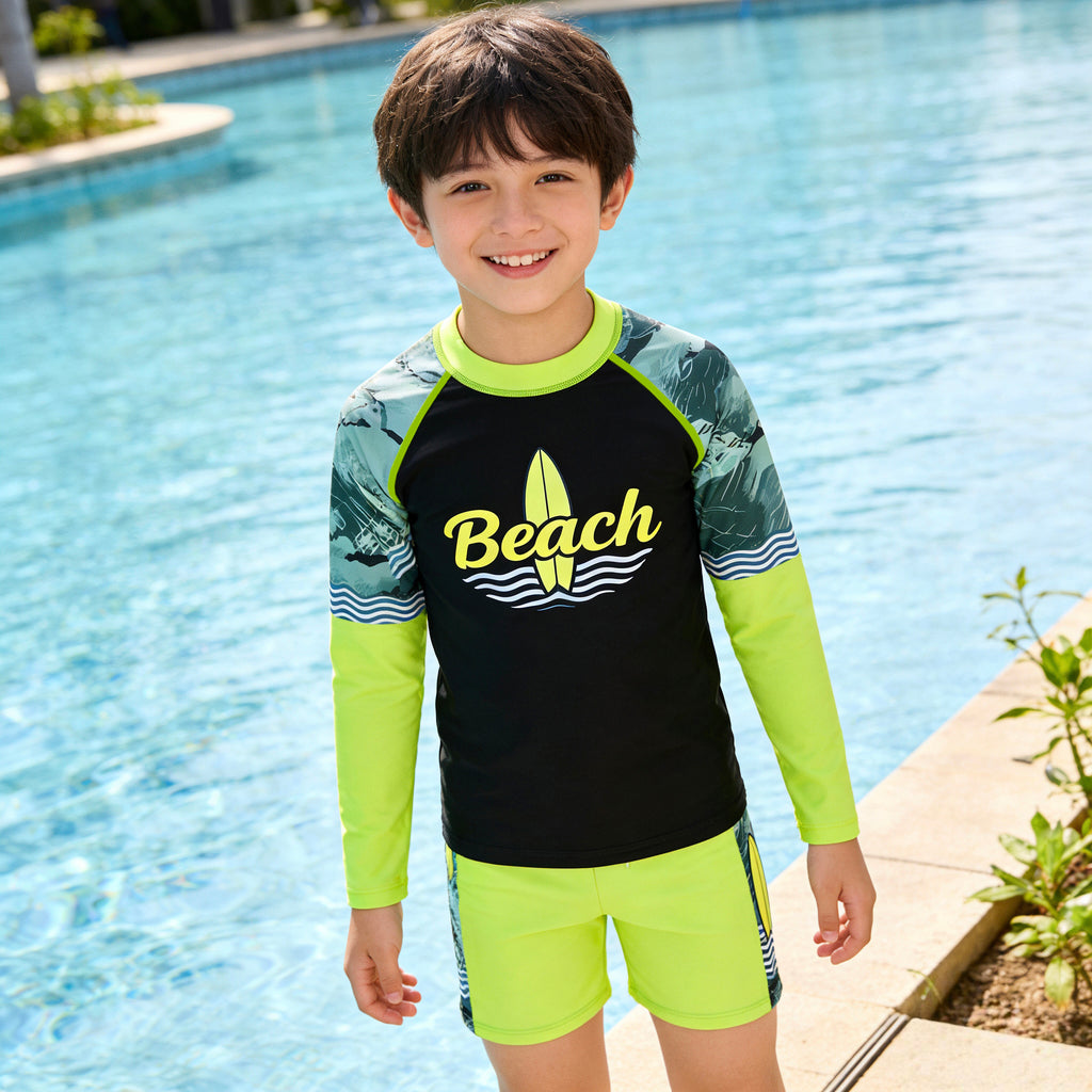 New 2PC Rashguard Set for Kids New Long Sleeve Tops + Short Quick Dry Swimwear for Boys 3-11Y
