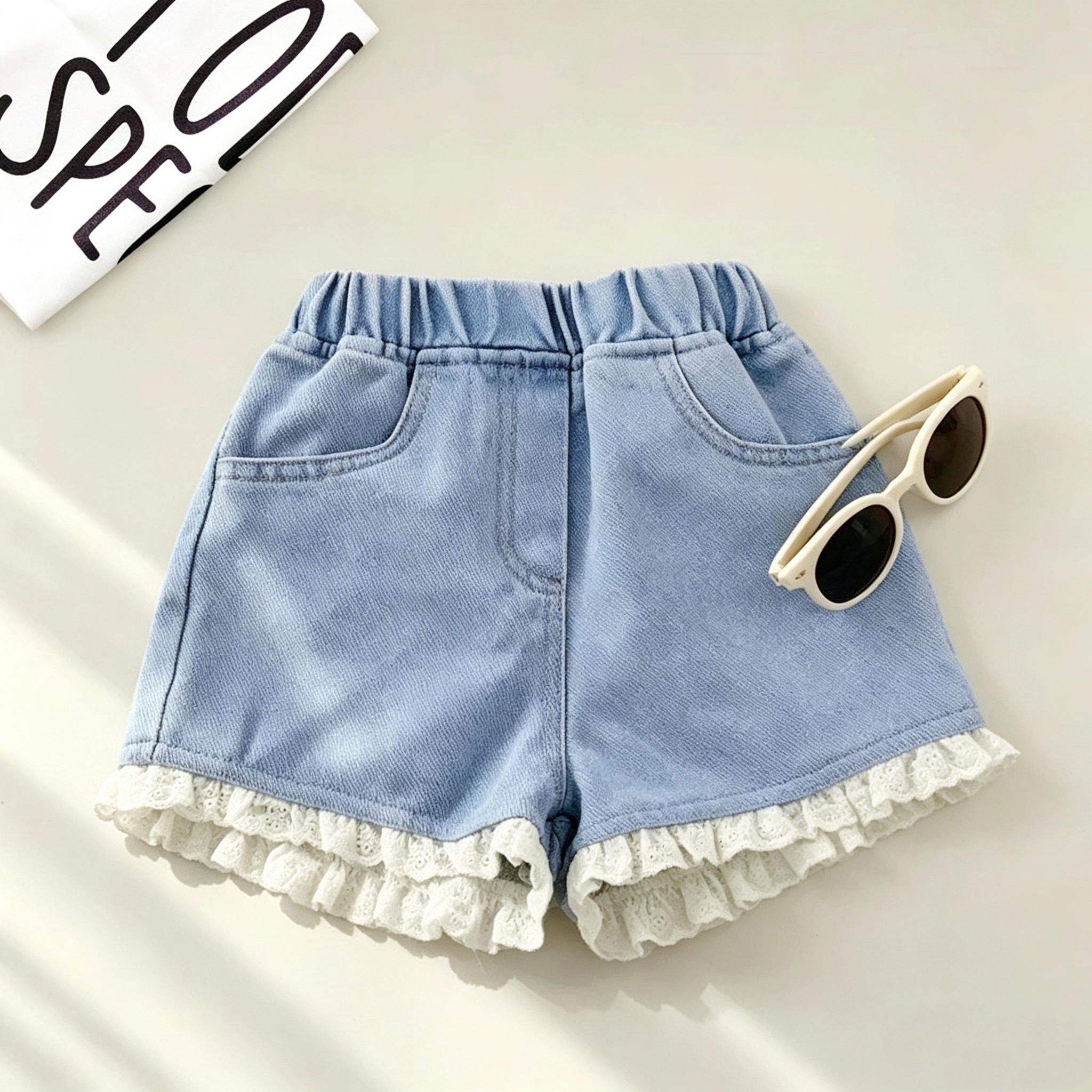 Denim Short for Kids Korean Style High Waist Bow Lace Button Design Garterized Casual Loose Short for Girls