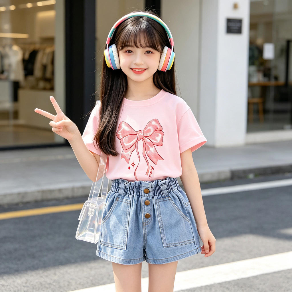 Denim Short for Kids Korean Style High Waist Bow Lace Button Design Garterized Casual Loose Short for Girls